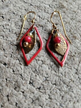 Silver Forest Gold Leaf Drop Earrings with Red Accents